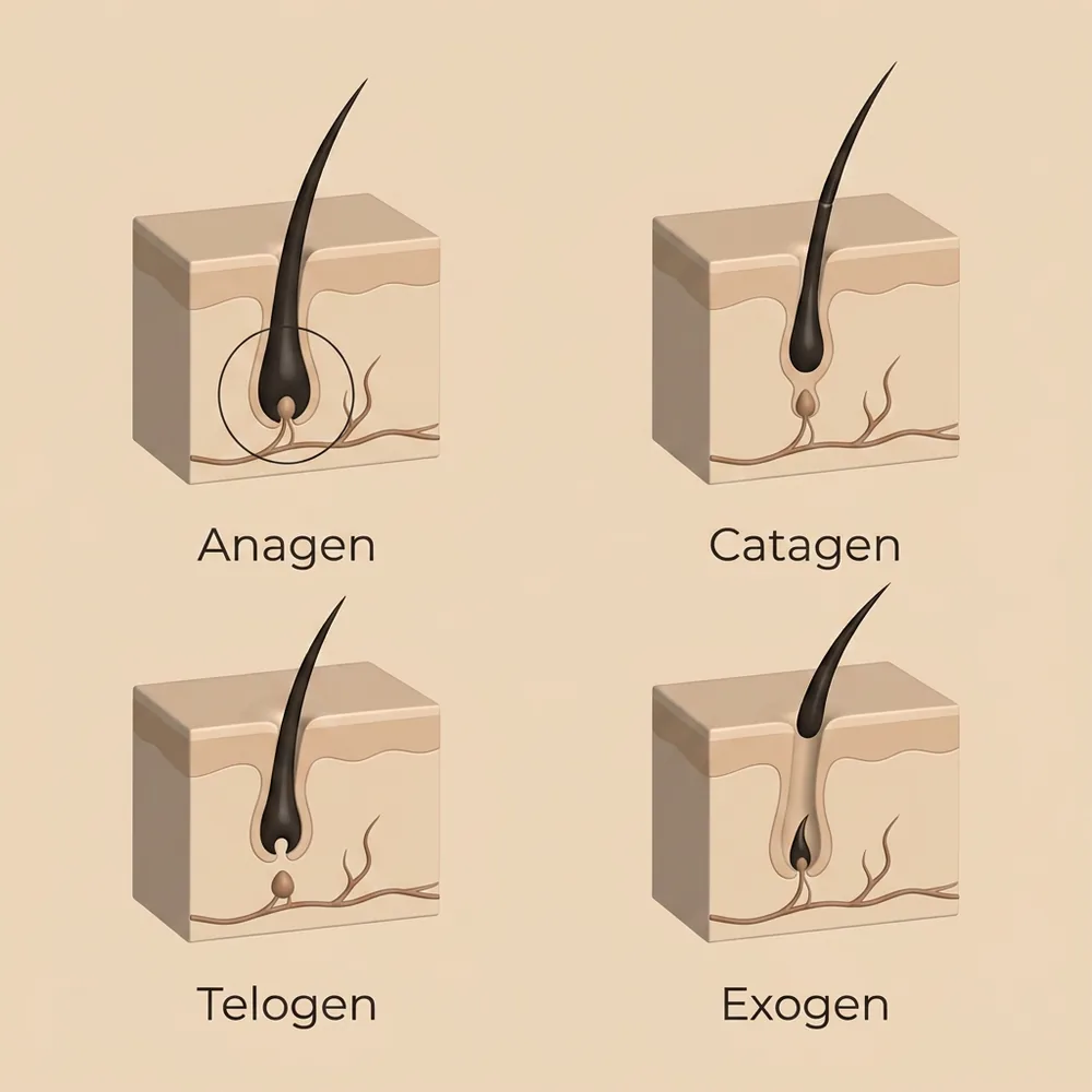 Grafik der vier Haarwachstumsphasen Anagen, Katagen, Telogen und Exogen